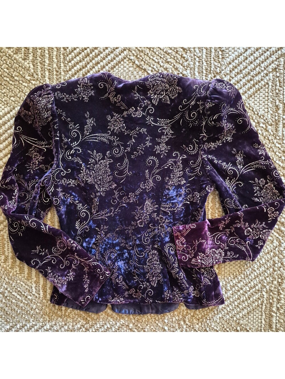 VTG 80s Purple Velvet Peplum Jacket Metallic Floral Blazer Whimsigoth Gothic S - Picture 6 of 7